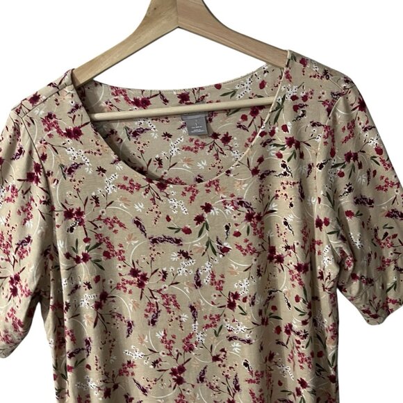 Chicos Knit Top Size 1 Medium Tan Pink Floral Double Lined Scoop Neck Tee Blouse - Picture 3 of 7